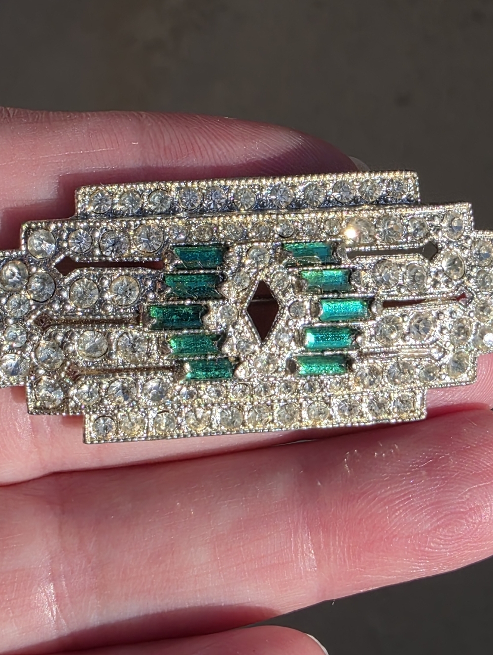 Vintage Pot Metal Art Deco Emerald Green Clear Rhinestone Geometric Bar Brooch